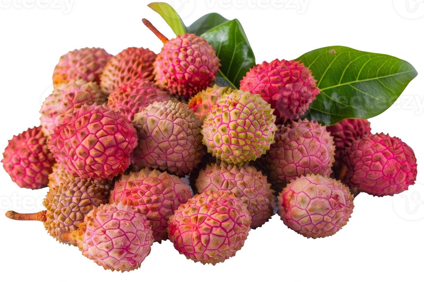 Fresh ripe lychee fruits with leaves, showcasing vibrant colors and textures of tropical summer produce. png