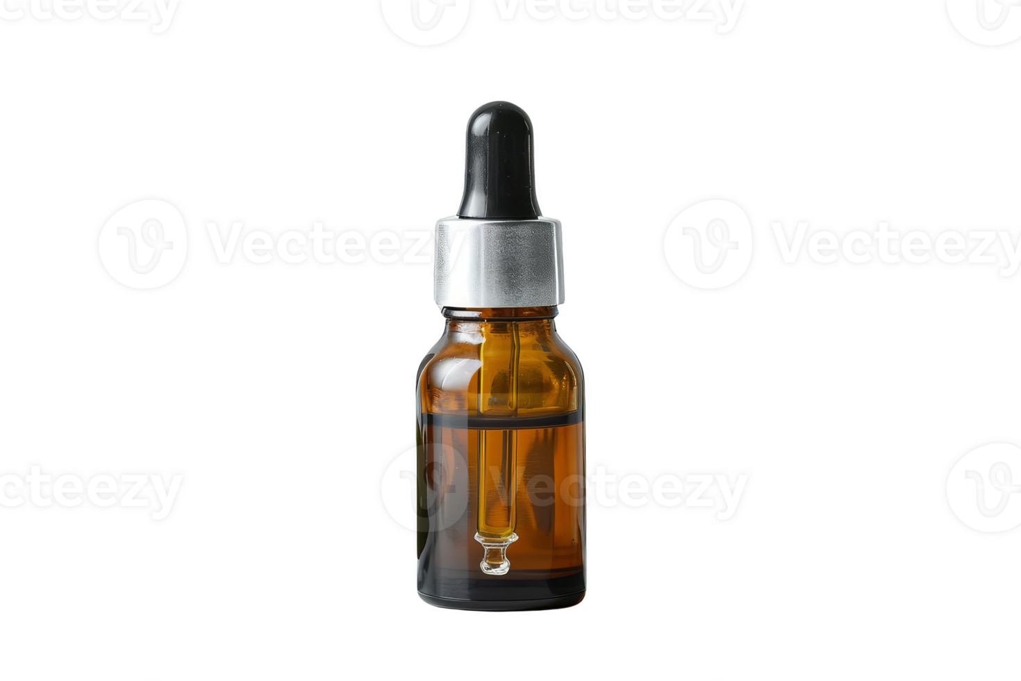 Close-up of a small amber glass dropper bottle with a black and silver cap, perfect for essential oils, serums, or other liquid products. png