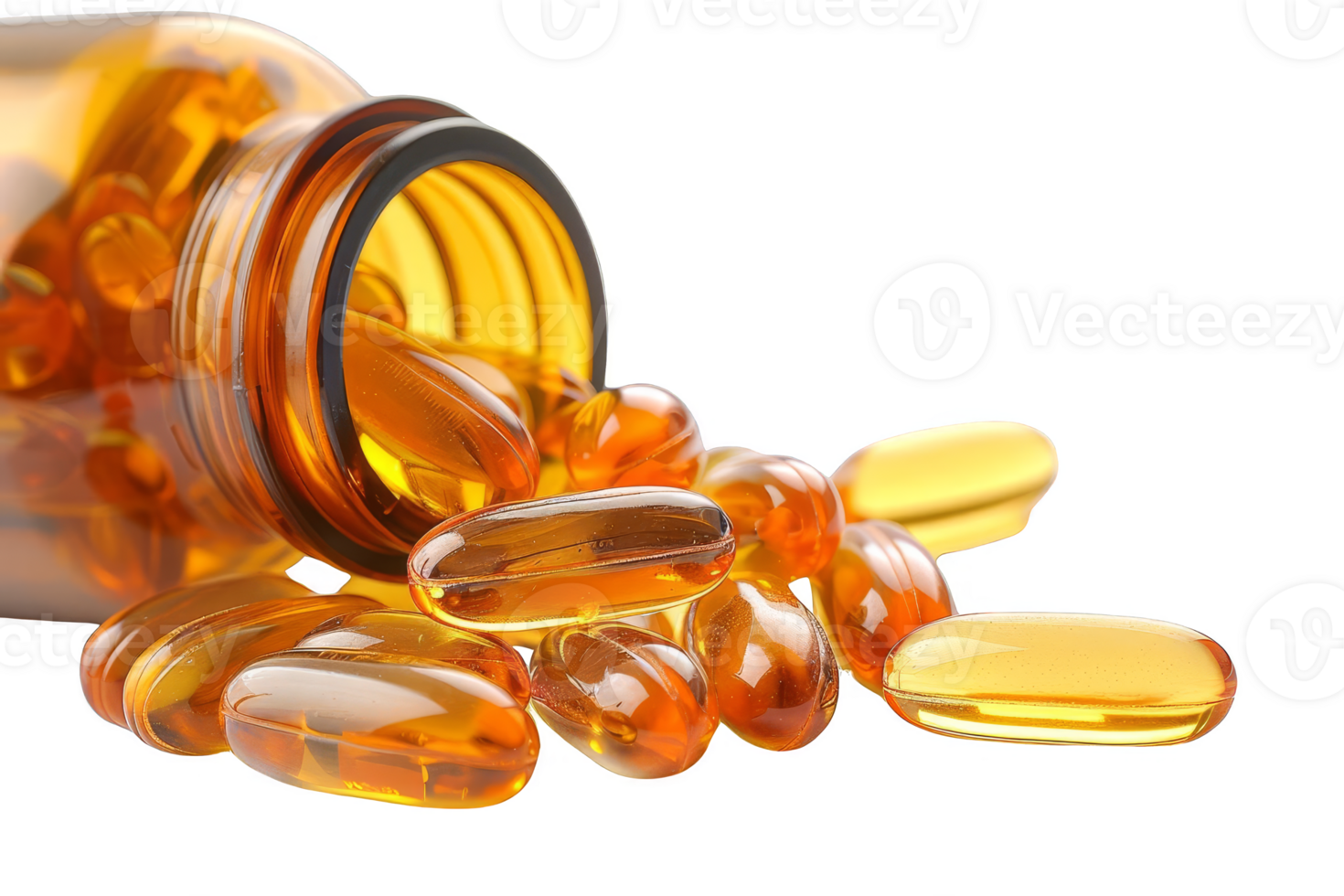 Close-up of a brown pill bottle with translucent capsules spilling out. Ideal for health, wellness, and medicine concepts. png
