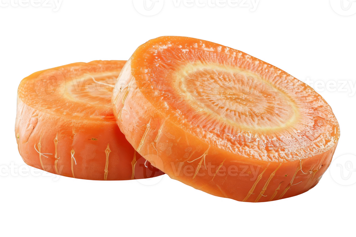 Close-up of two fresh carrot slices showing vibrant orange color and detailed texture, ideal for health, diet, and food-related content. png