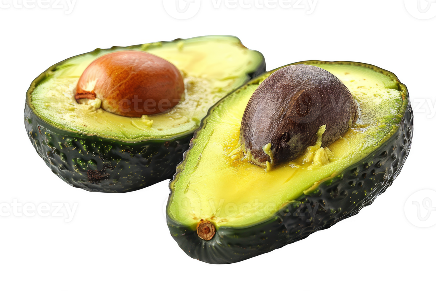 Two fresh avocado halves with seeds, showcasing the vibrant green flesh and smooth texture. Perfect for healthy eating and cooking inspiration. png