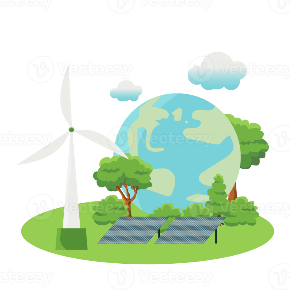 Clean energy concept on World Environment Day or International Forest Day, tree concept and earth globe with solar panels with wind turbine on nature background. Ecology and environment png