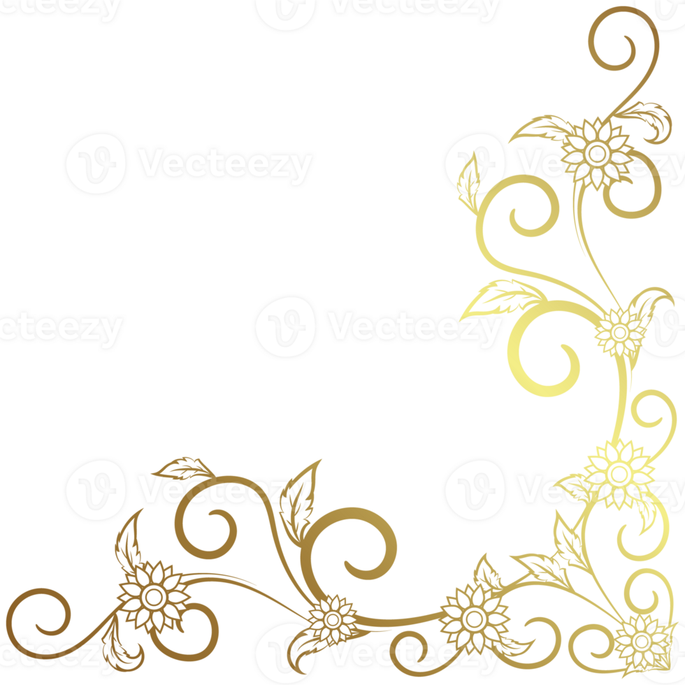 Golden rolled flower corners and leaves for decorating wedding cards. black lines flowers png
