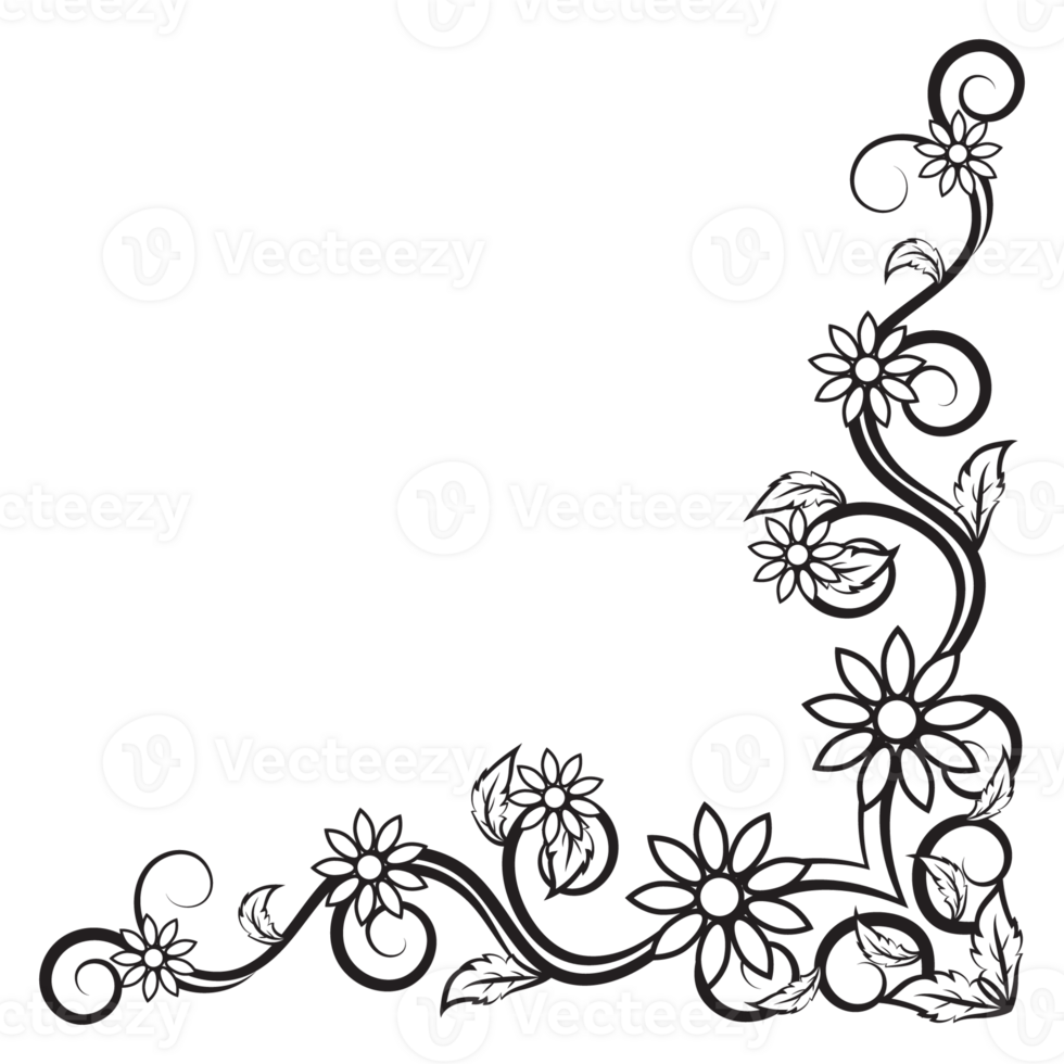 Rolled flower and leaf corners for decorating wedding cards. black lines flowers png