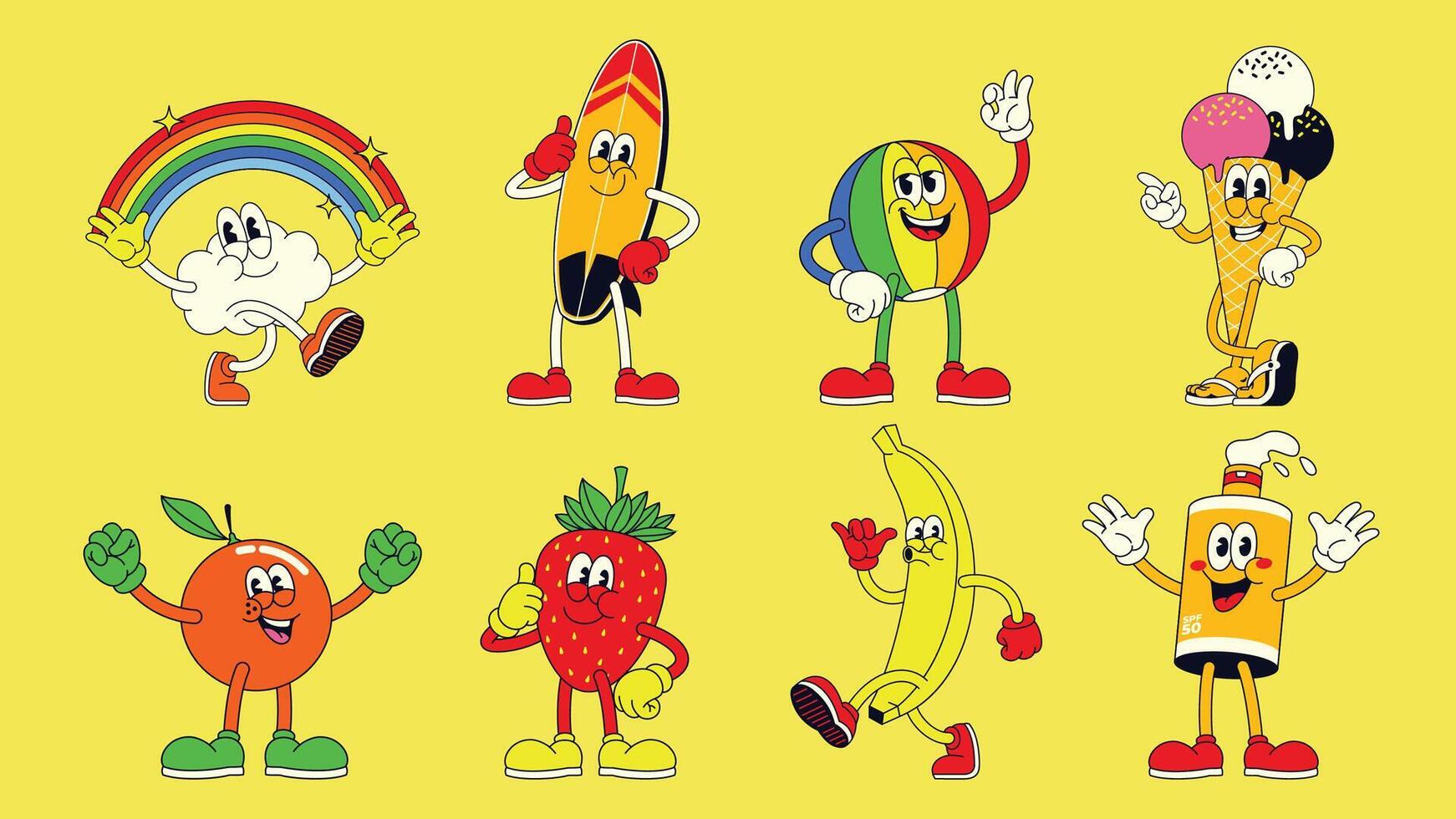Collection of Funny Summer Retro Cartoon Character Set Collection vector
