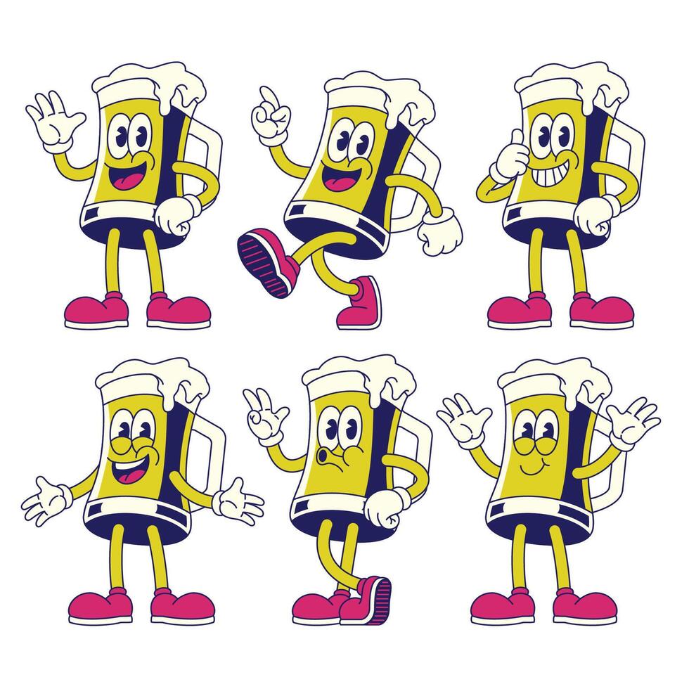 Set of Funny Glass of Beer Cartoon with Various Pose vector