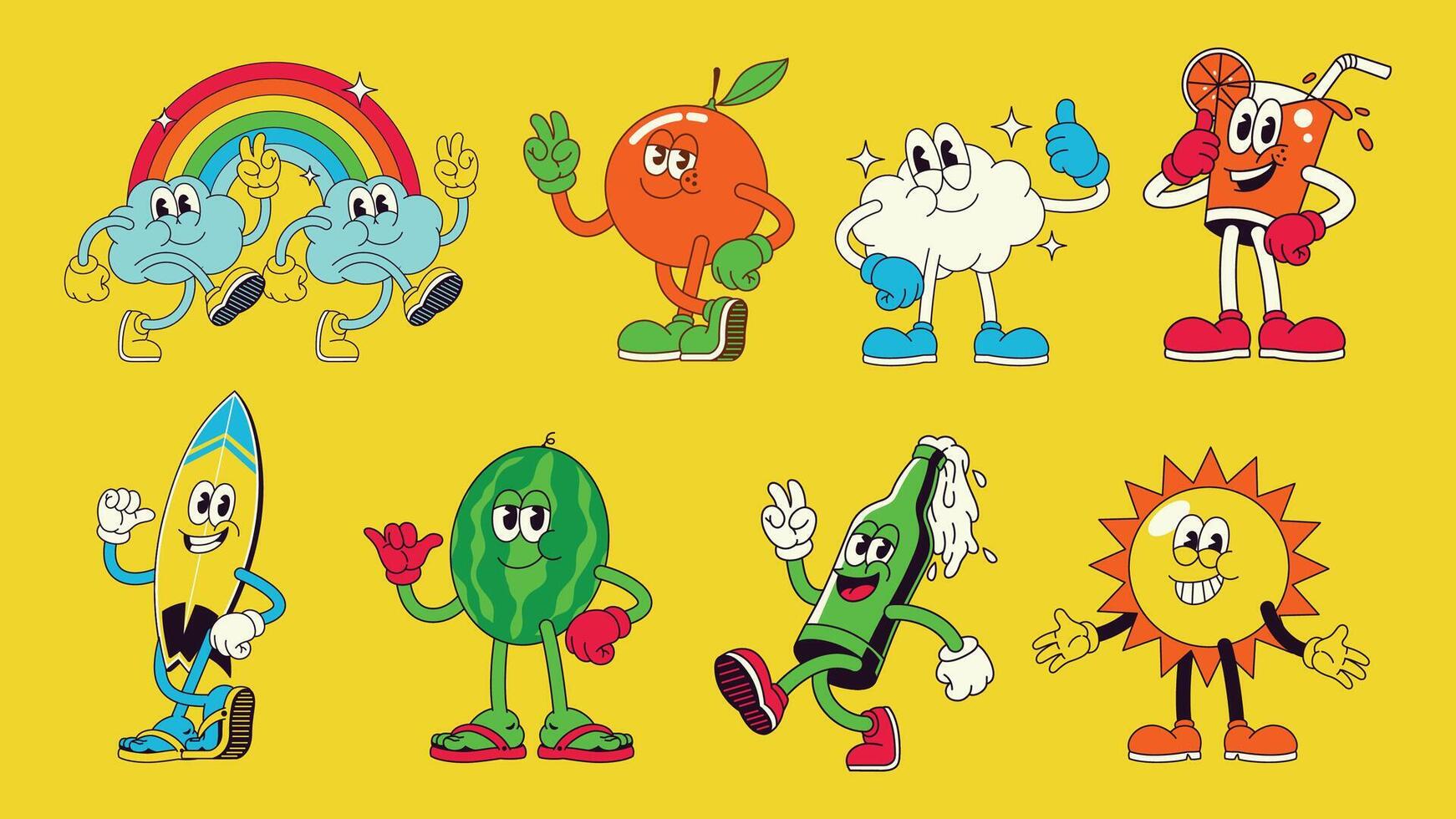 Cheerfull Summer Cartoon Character Set Collection vector