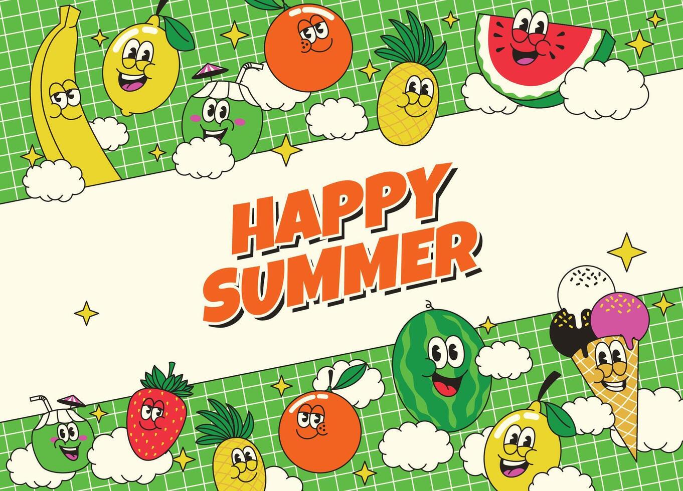 Summer Background Design with Fresh Fruit Character in Retro Style vector