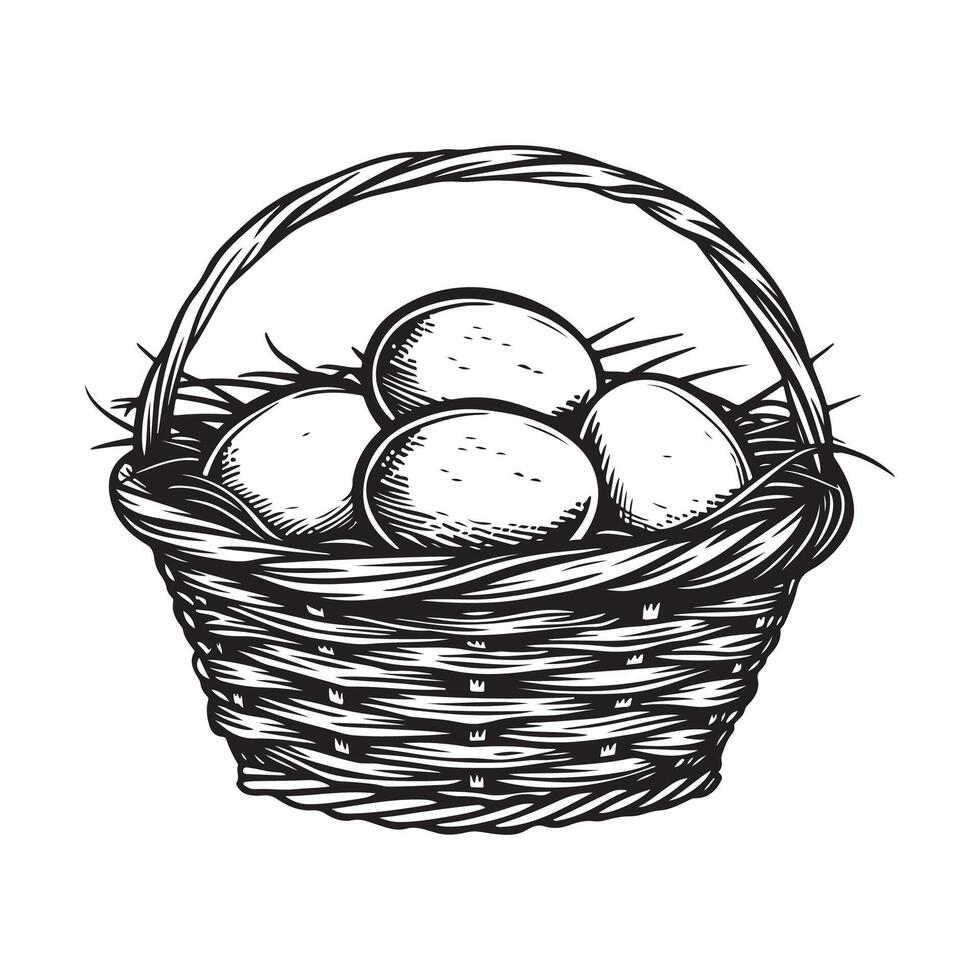 Eggs in a wicker basket, black and white illustration Stock Image and Design isolated on white vector