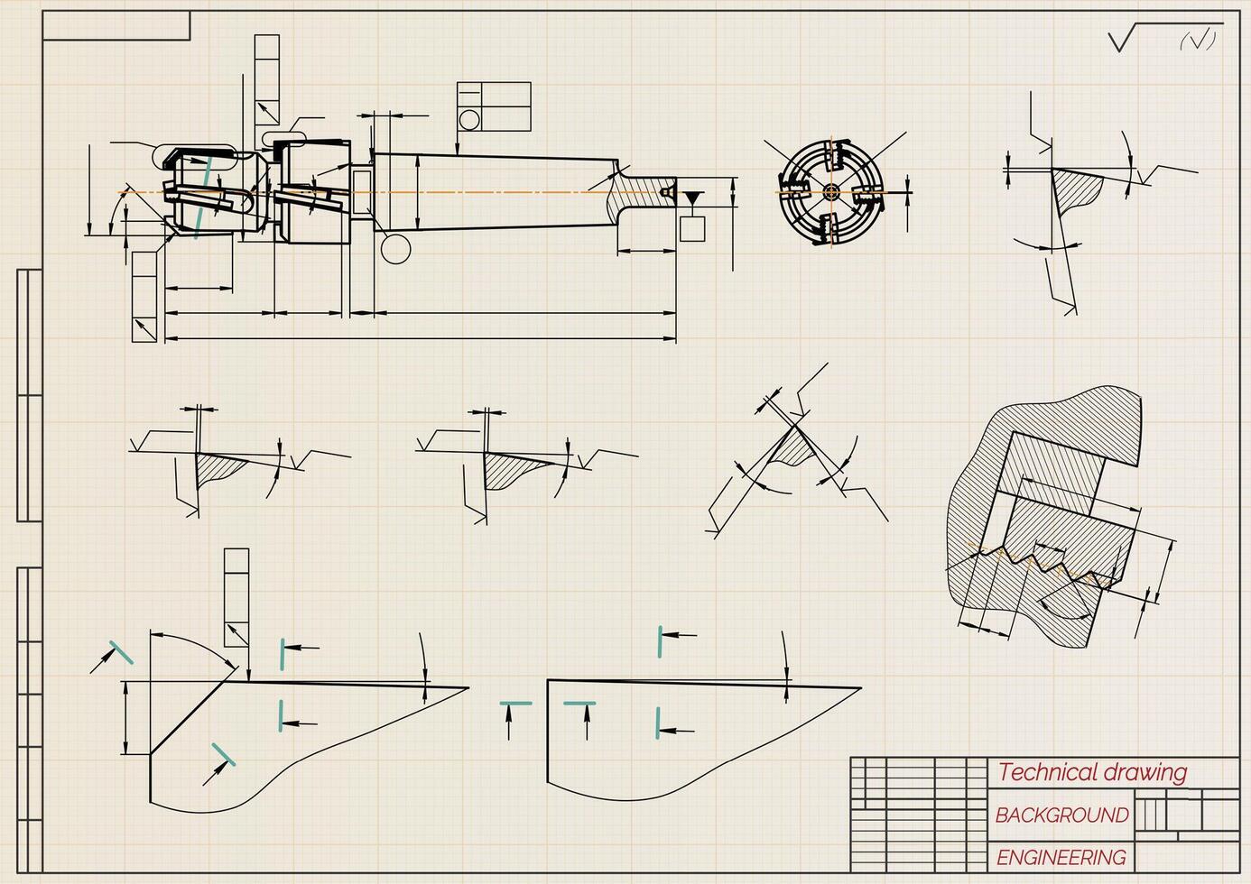 Mechanical engineering drawings on sepia background. Tap tools, borer. Technical Design. Cover. Blueprint. illustration. vector