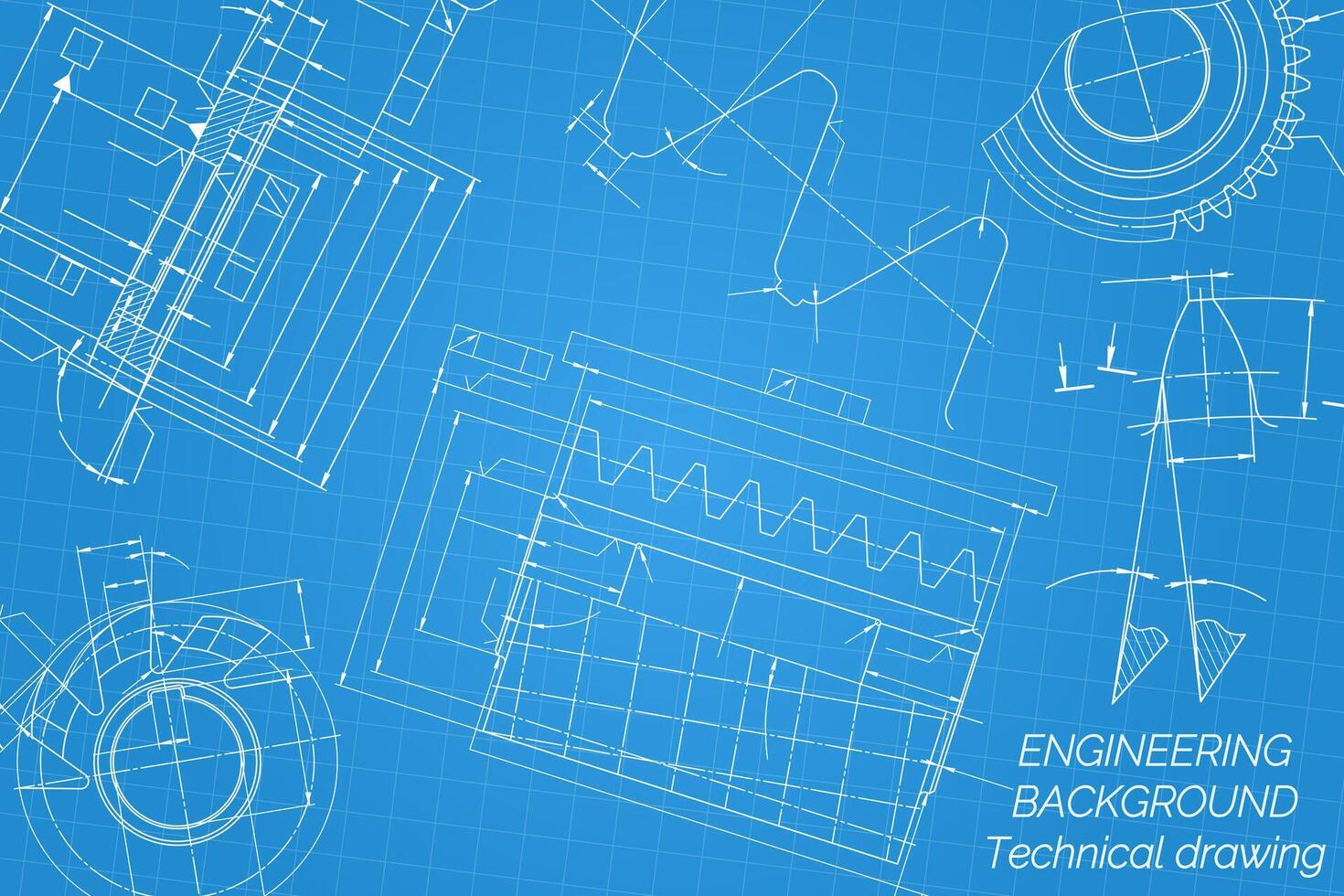 Mechanical engineering drawings on blue background. Tap tools, borer, cutting tools, milling cutter. Technical Design. Cover. Blueprint. illustration vector