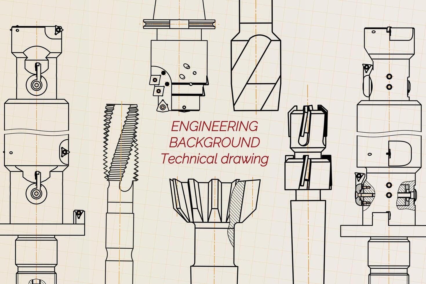 Mechanical engineering drawings on sepia background. Tap tools, borer. Technical Design. Cover. Blueprint. illustration. vector