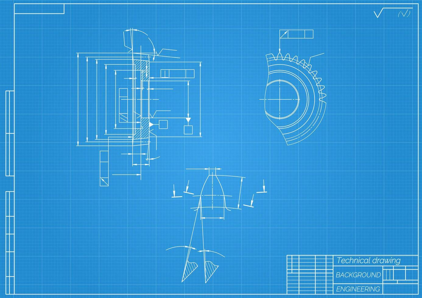 Mechanical engineering drawings on blue background. Gear cutting tool. Technical Design. Cover. Blueprint. illustration vector