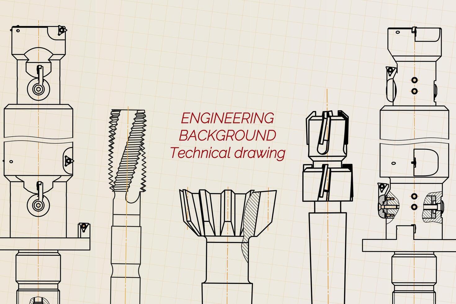 Mechanical engineering drawings on sepia background. Tap tools, borer. Technical Design. Cover. Blueprint. illustration. vector