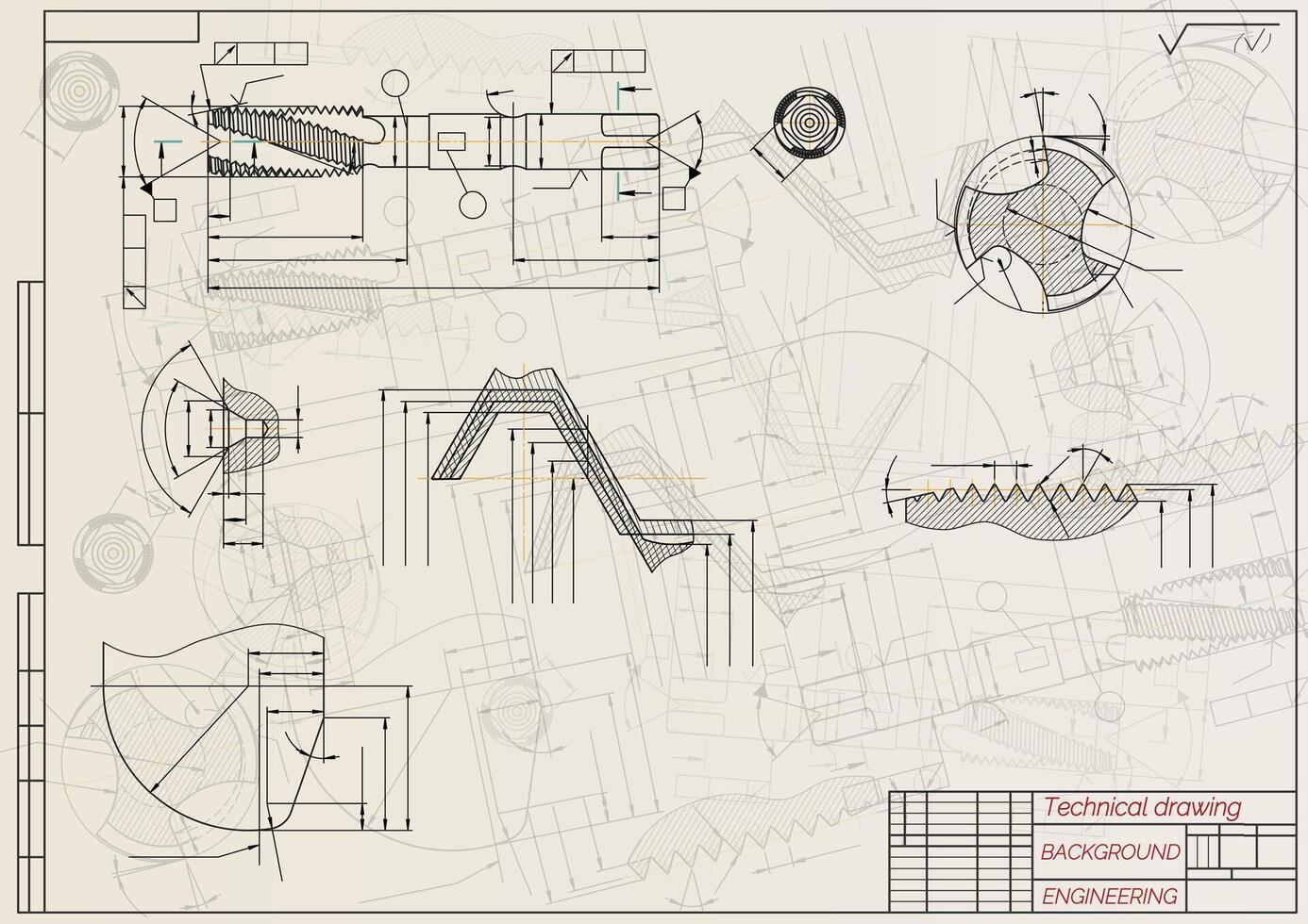 Mechanical engineering drawings on sepia background. Tap tools, borer. Technical Design. Cover. Blueprint. illustration. vector