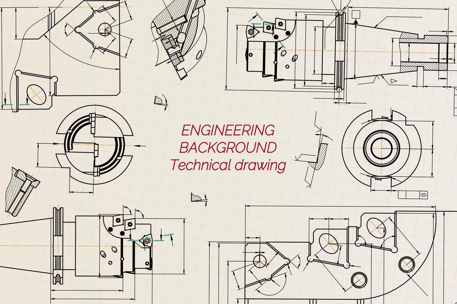 Mechanical engineering drawings on sepia background. Tap tools, borer. Technical Design. Cover. Blueprint. illustration. vector