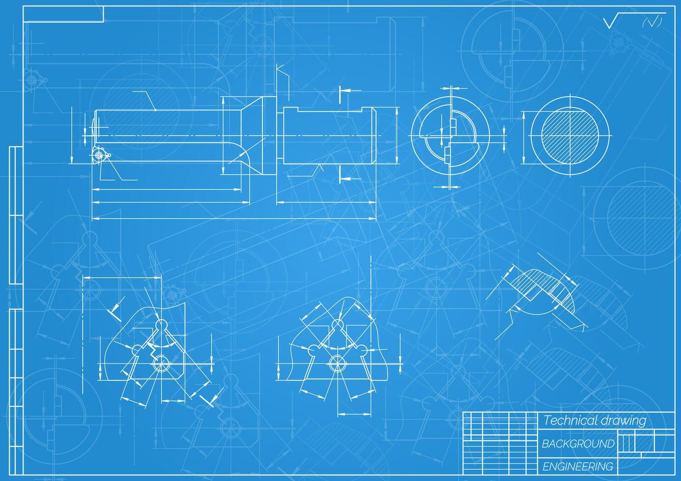 Mechanical engineering drawings on blue background. Tap tools, borer. Technical Design. Cover. Blueprint. illustration vector