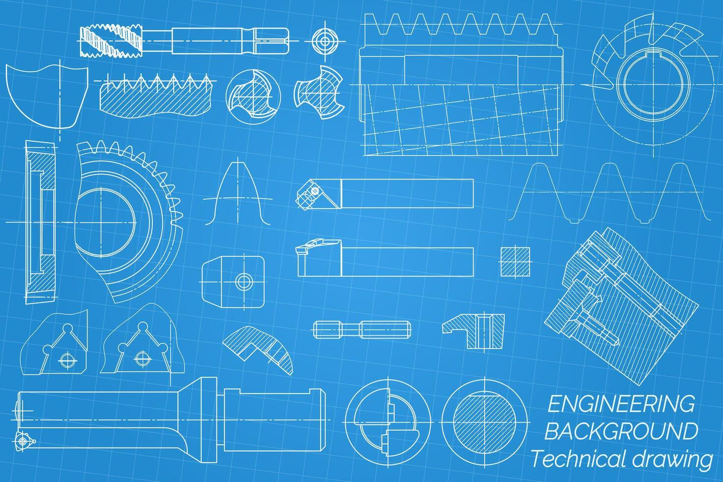 Mechanical engineering drawings on blue background. Tap tools, borer, cutting tools, milling cutter. Technical Design. Cover. Blueprint. illustration vector