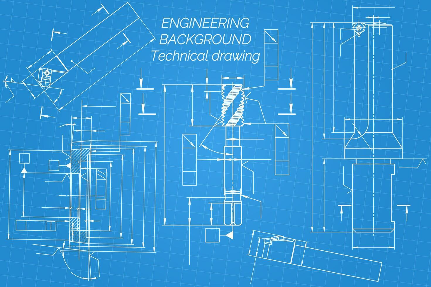 Mechanical engineering drawings on blue background. Tap tools, borer, cutting tools, milling cutter. Technical Design. Cover. Blueprint. illustration vector