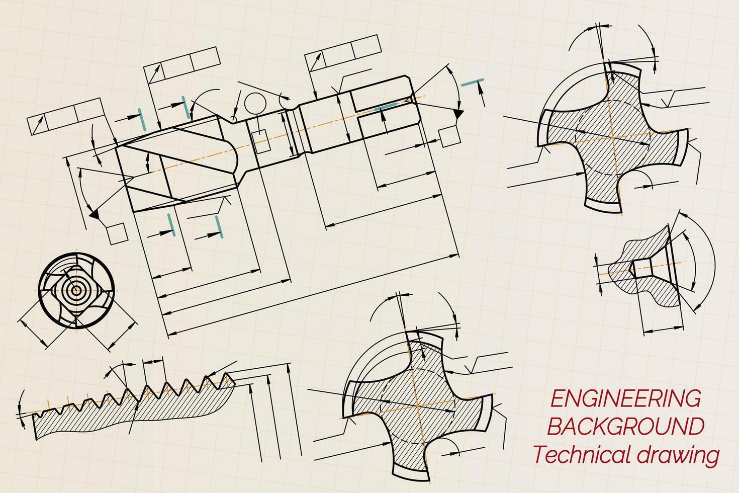 Mechanical engineering drawings on sepia background. Tap tools, borer. Technical Design. Cover. Blueprint. illustration. vector