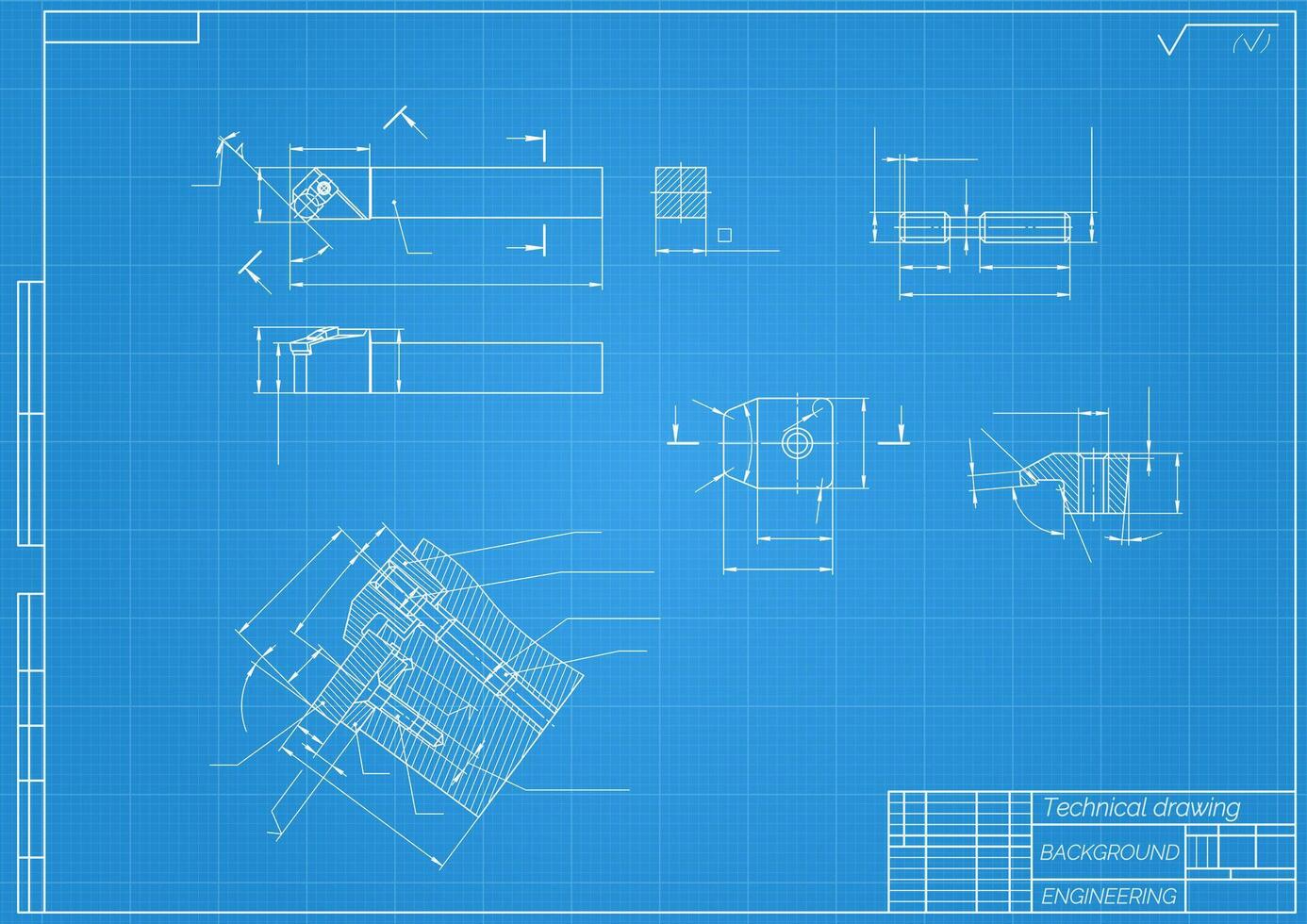 Mechanical engineering drawings on blue background. Cutter, assembly tool with replaceable multi-faceted plate. Technical Design. Cover. Blueprint. illustration vector