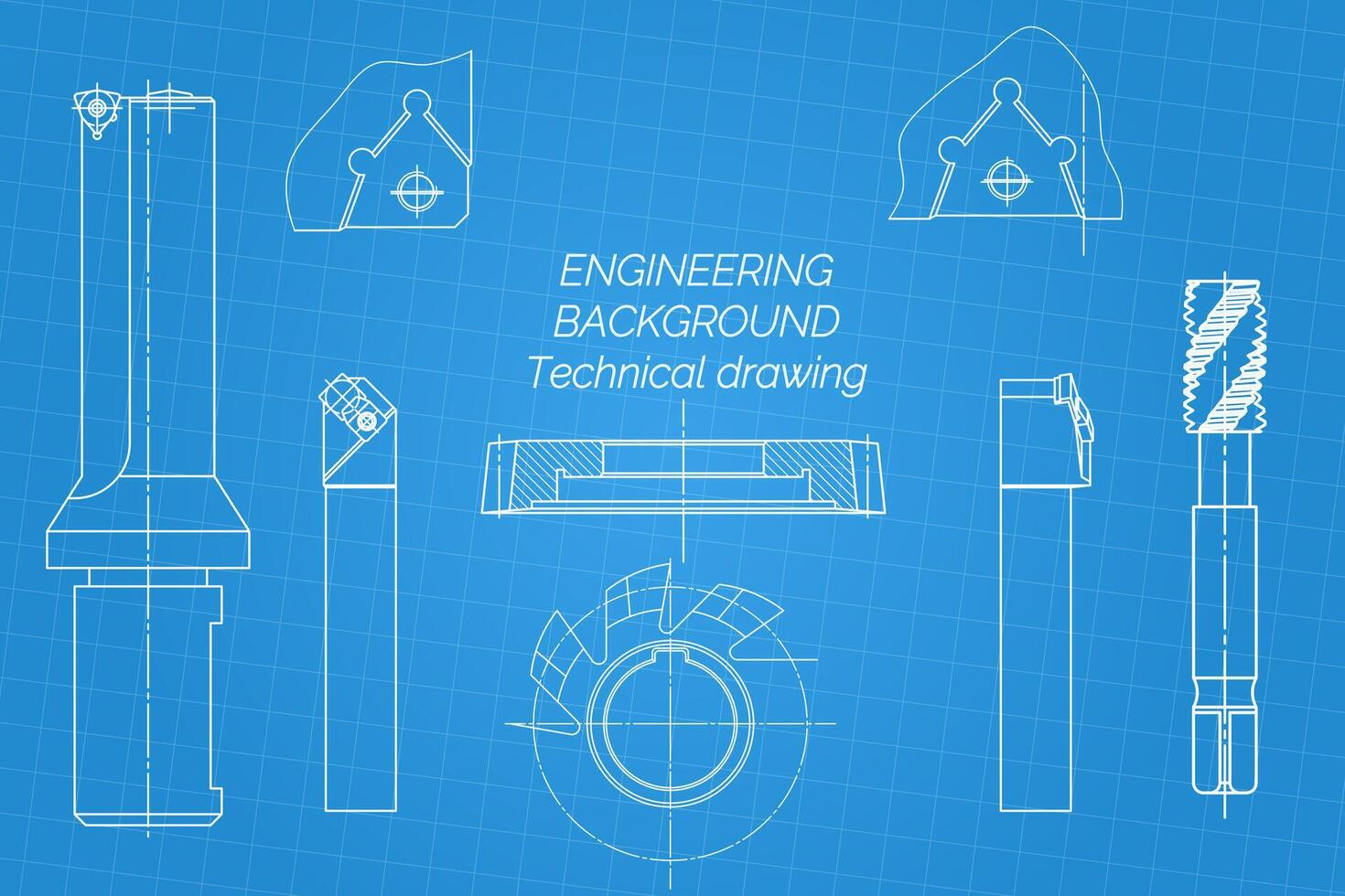 Mechanical engineering drawings on blue background. Tap tools, borer, cutting tools, milling cutter. Technical Design. Cover. Blueprint. illustration vector