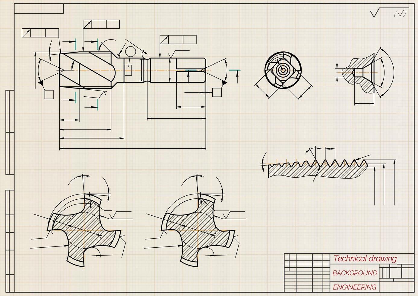 Mechanical engineering drawings on sepia background. Tap tools, borer. Technical Design. Cover. Blueprint. illustration. vector
