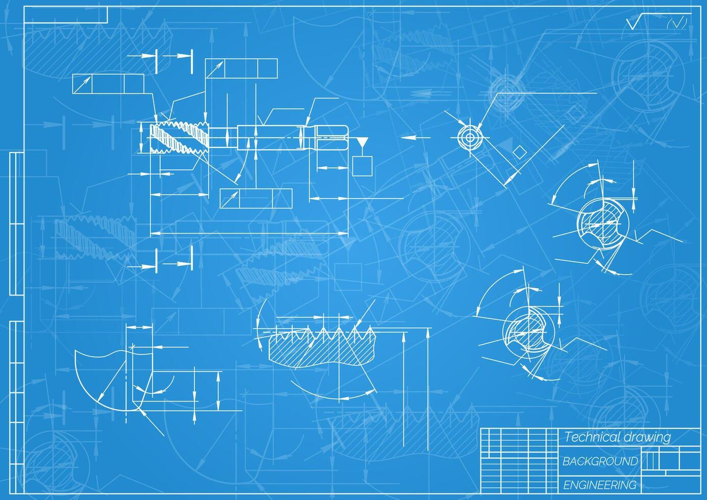 Mechanical engineering drawings on blue background. Tap tools, borer. Technical Design. Cover. Blueprint. illustration vector