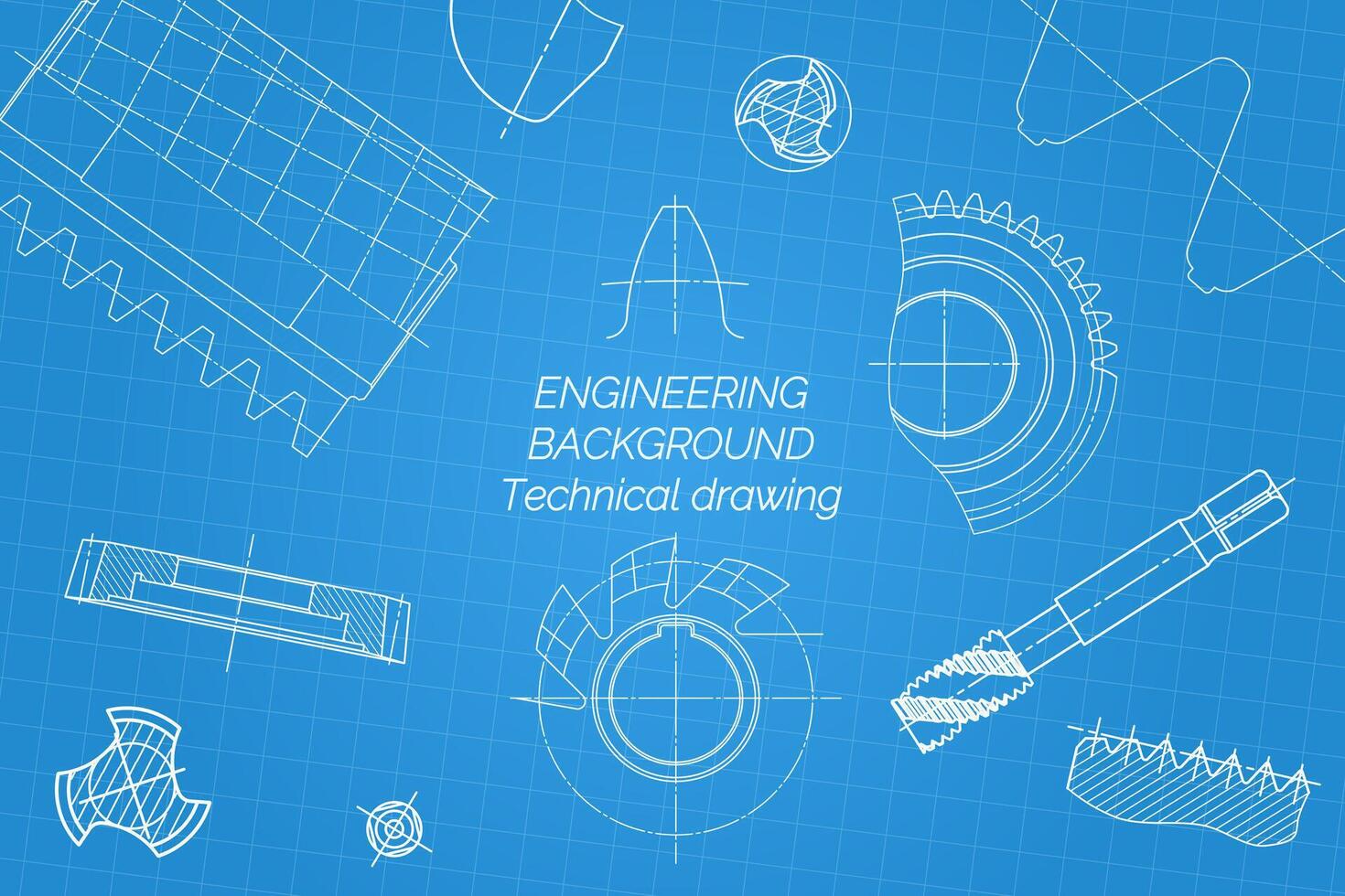 Mechanical engineering drawings on blue background. Tap tools, borer, cutting tools, milling cutter. Technical Design. Cover. Blueprint. illustration vector