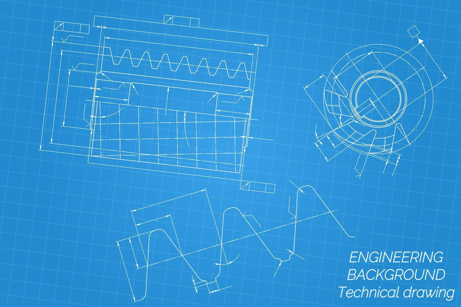 Mechanical engineering drawings on blue background. Cutting tools, milling cutter. Technical Design. Cover. Blueprint. illustration vector