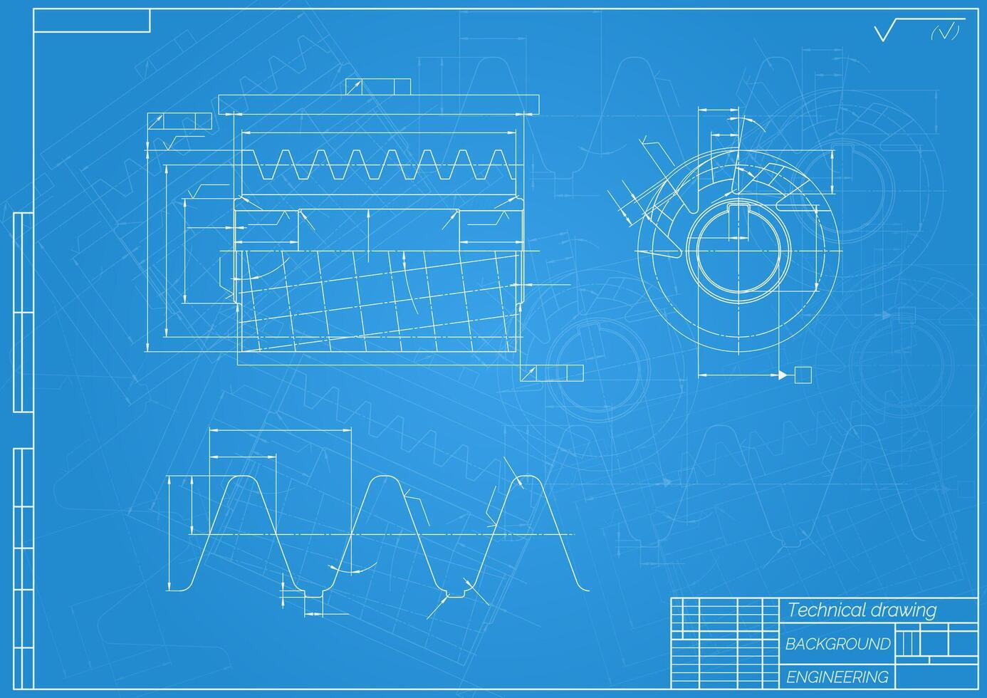 Mechanical engineering drawings on blue background. Cutting tools, milling cutter. Technical Design. Cover. Blueprint. illustration vector