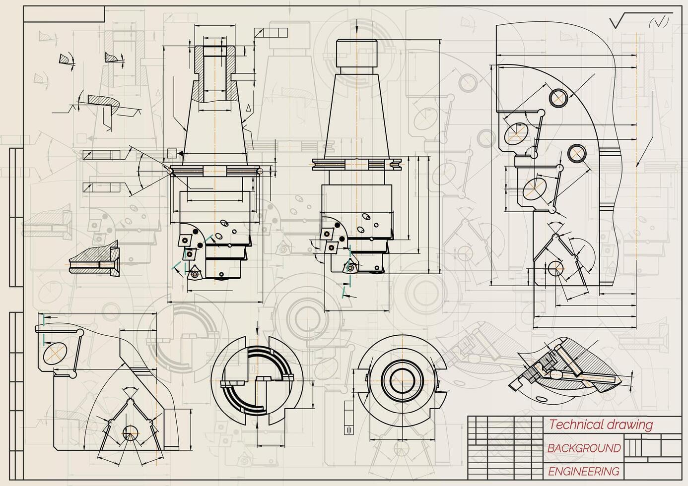 Mechanical engineering drawings on sepia background. Tap tools, borer. Technical Design. Cover. Blueprint. illustration. vector