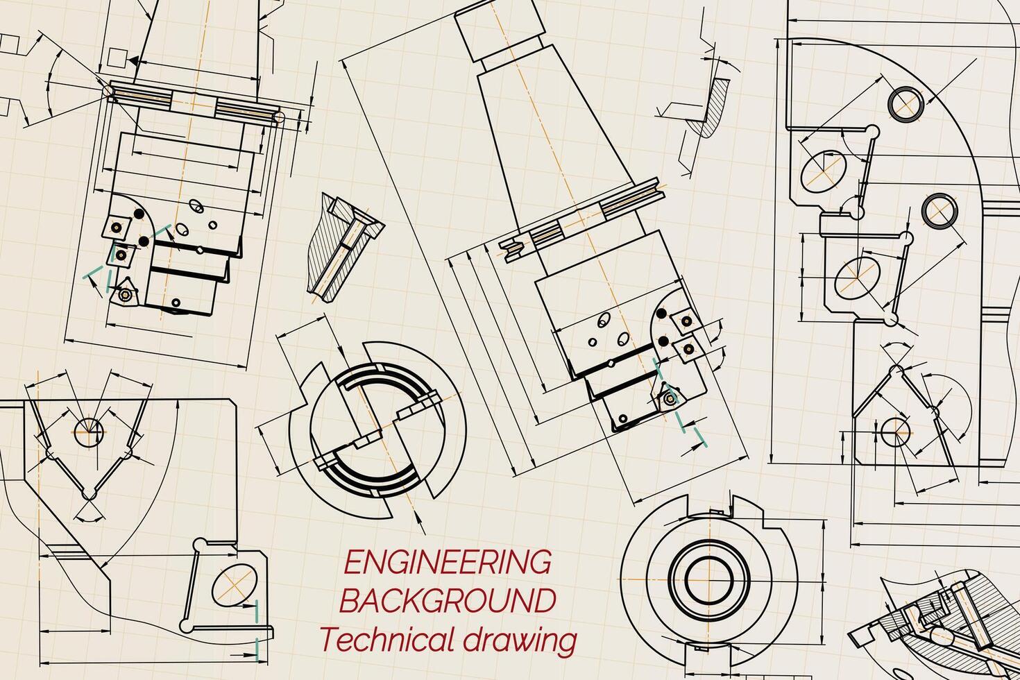 Mechanical engineering drawings on sepia background. Tap tools, borer. Technical Design. Cover. Blueprint. illustration. vector