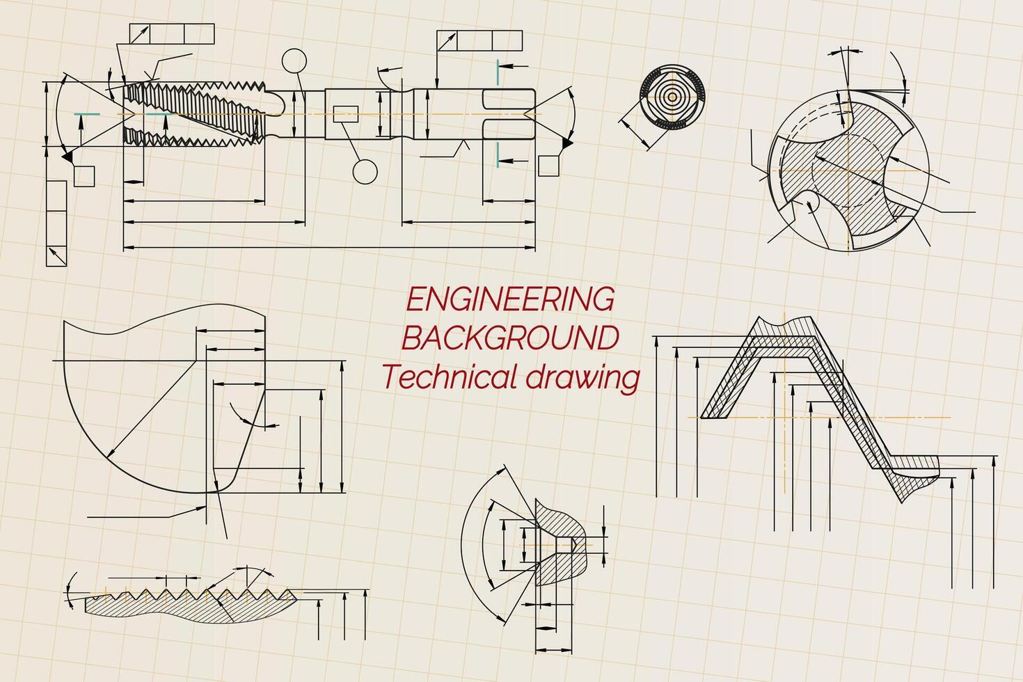 Mechanical engineering drawings on sepia background. Tap tools, borer. Technical Design. Cover. Blueprint. illustration. vector