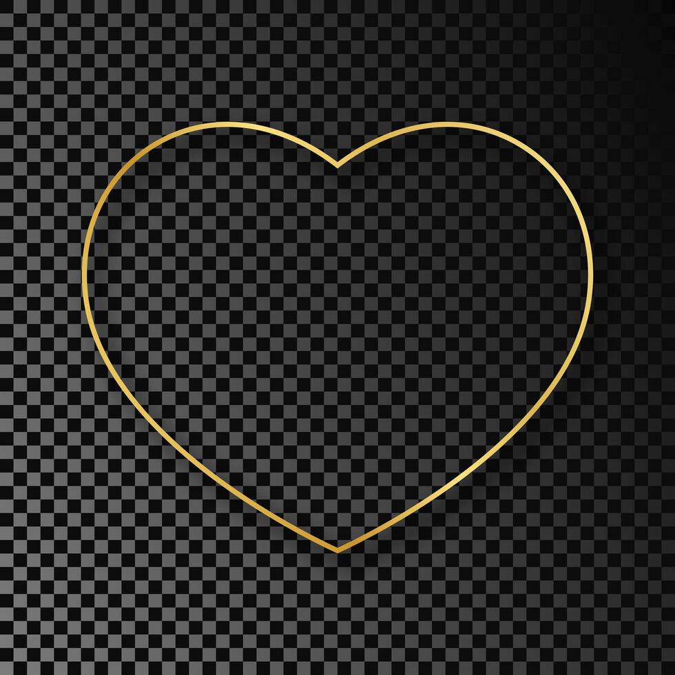 Gold glowing heart shape frame with shadow isolated on dark background. Shiny frame with glowing effects. illustration. vector