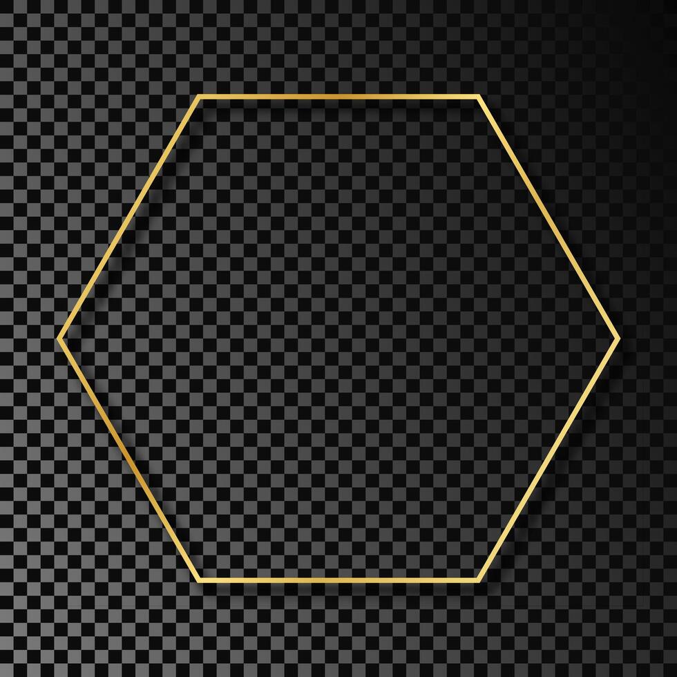 Gold glowing hexagon frame with shadow isolated on dark background. Shiny frame with glowing effects. illustration. vector
