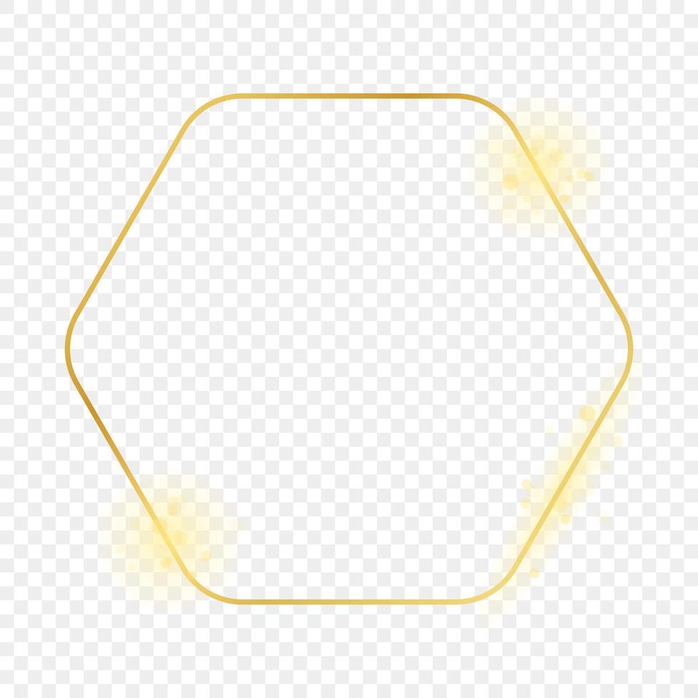 Gold glowing rounded hexagon frame isolated on background. Shiny frame with glowing effects. illustration. vector
