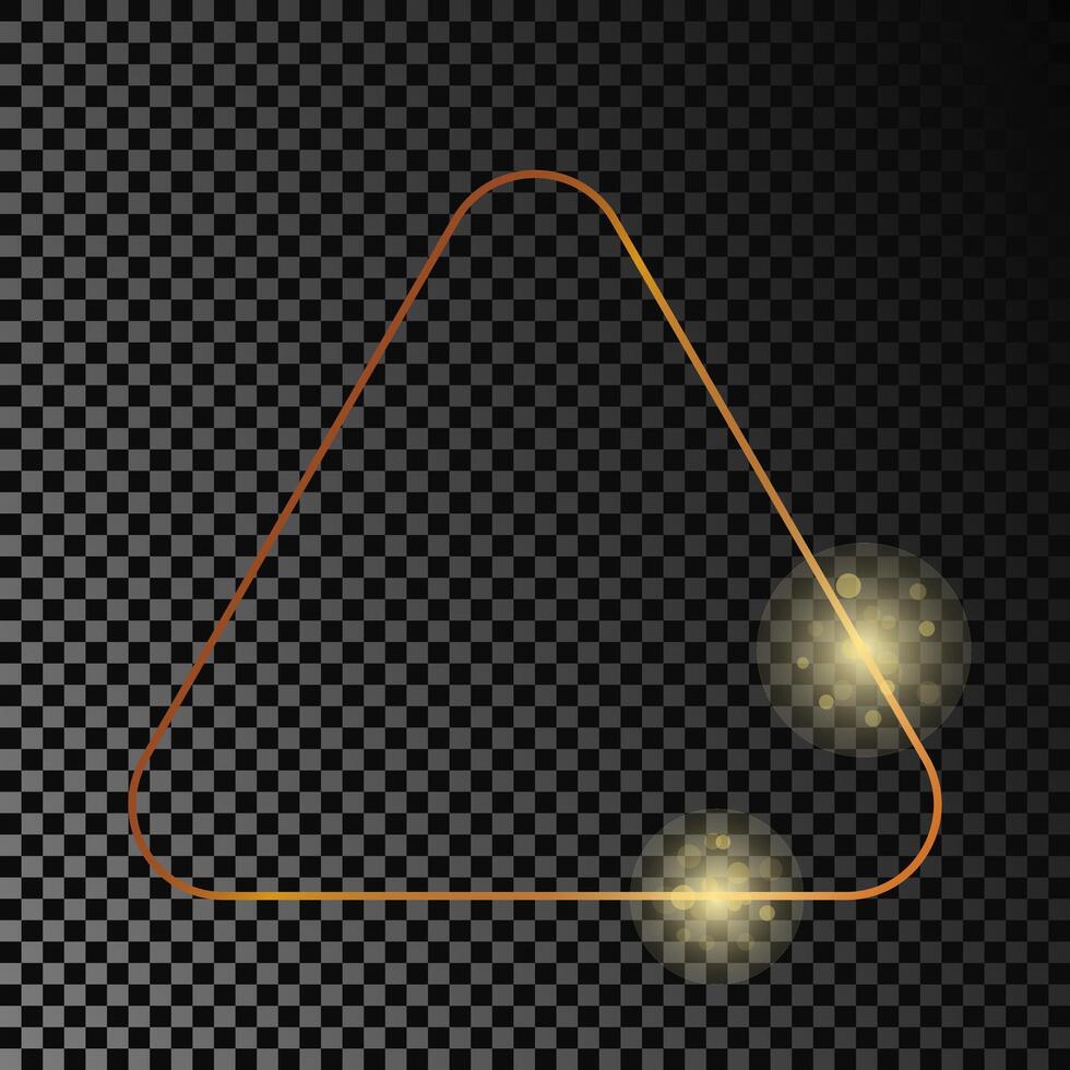 Gold glowing rounded triangle frame isolated on dark background. Shiny frame with glowing effects. illustration. vector