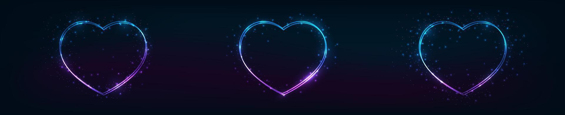 Neon double frame in heart form with shining effects vector