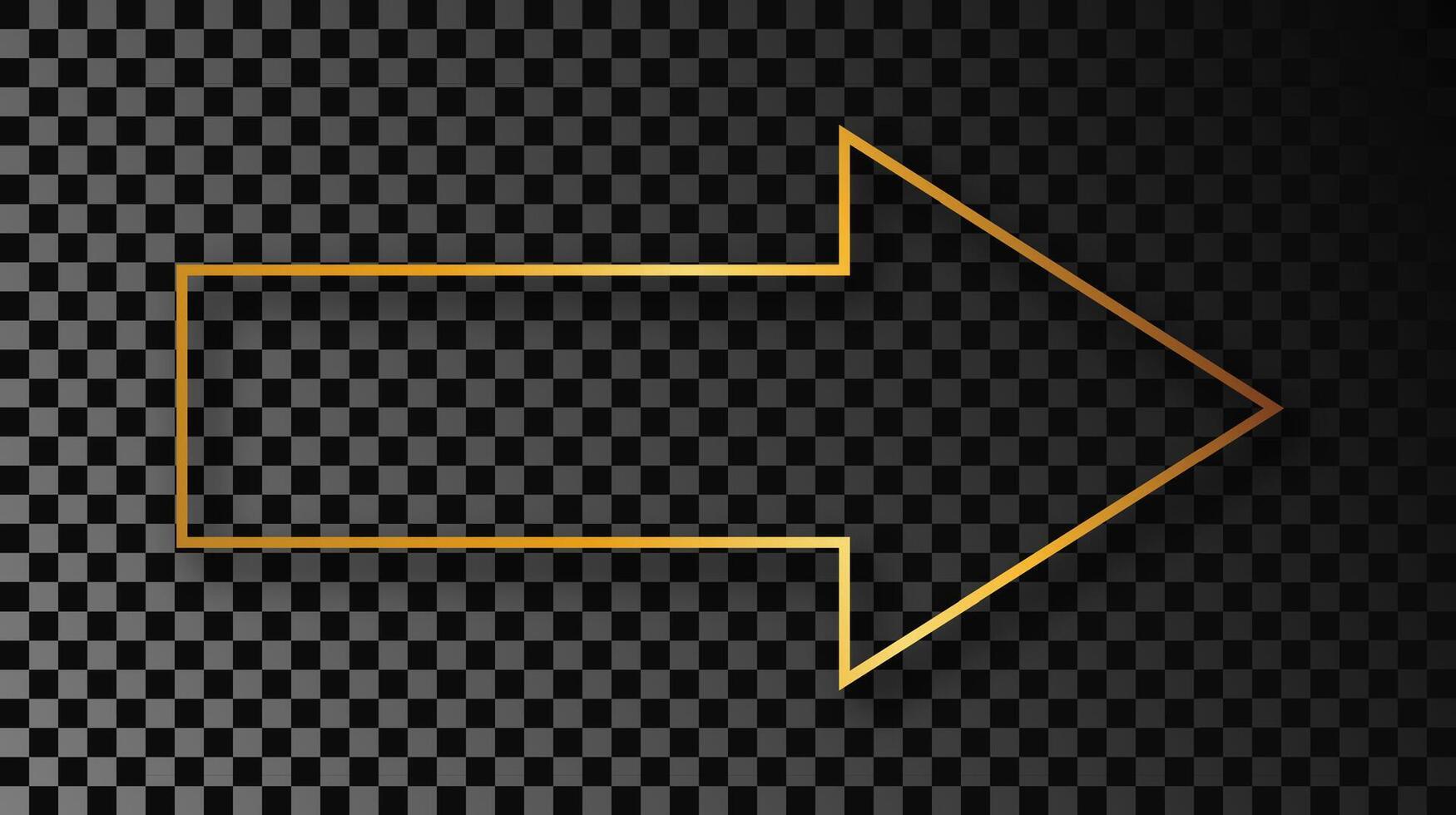 Gold glowing arrow shape frame with shadow isolated on dark background. Shiny frame with glowing effects. illustration. vector