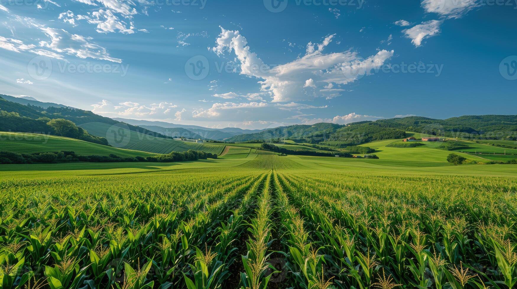 Corn plantation, endless rows of tall, green corn stalks with golden tassels under a bright blue sky photo