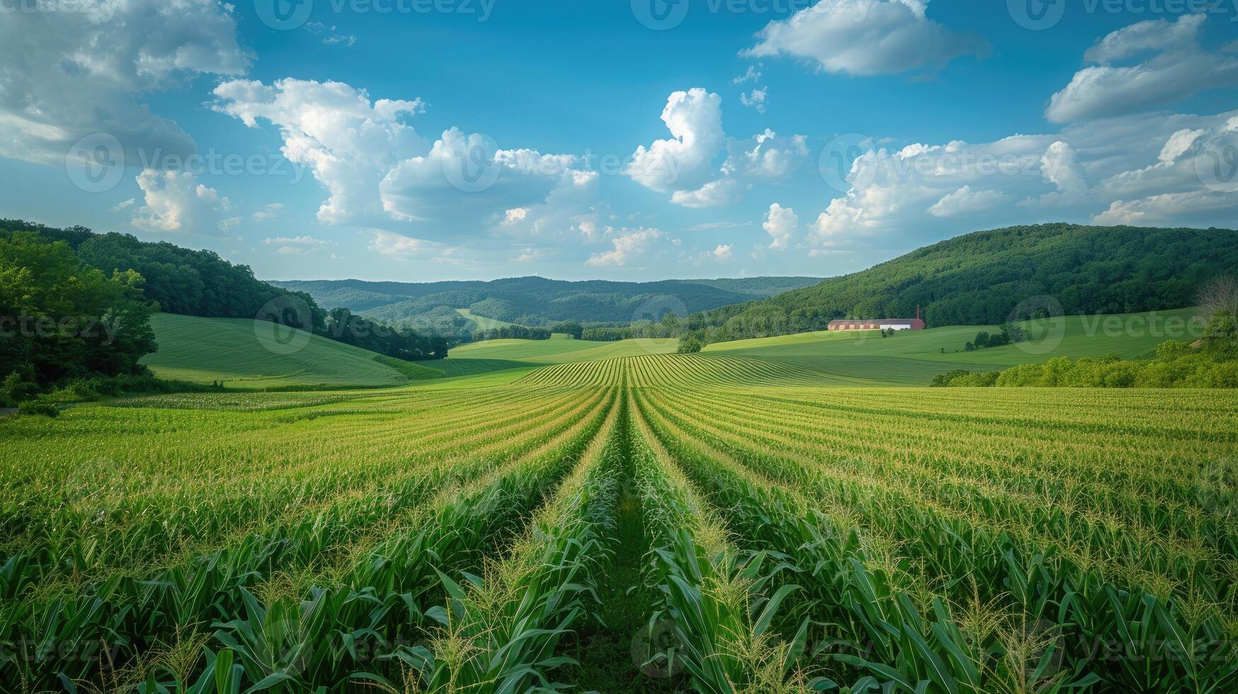 A verdant cornfield extends towards rolling hills under a blue sky with fluffy clouds photo