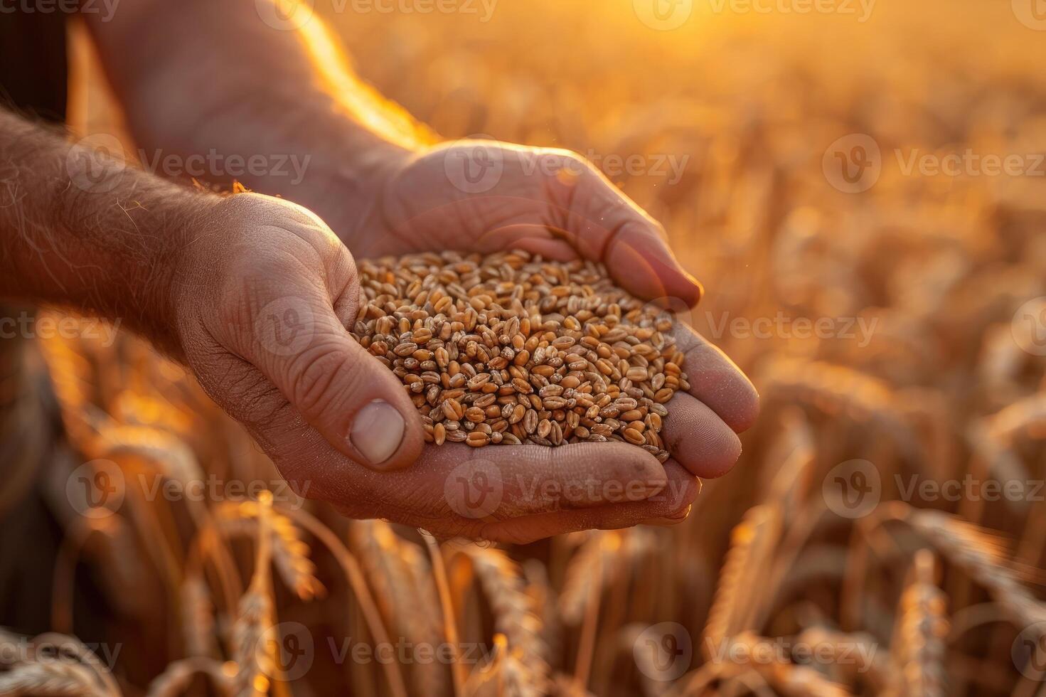 Hand holding a handful of golden wheat grains with a warm sunset over a wheat field background photo