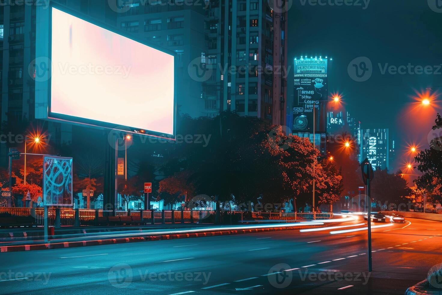 A vibrant city street at night illuminated by lights, featuring a blank billboard ready for advertising photo