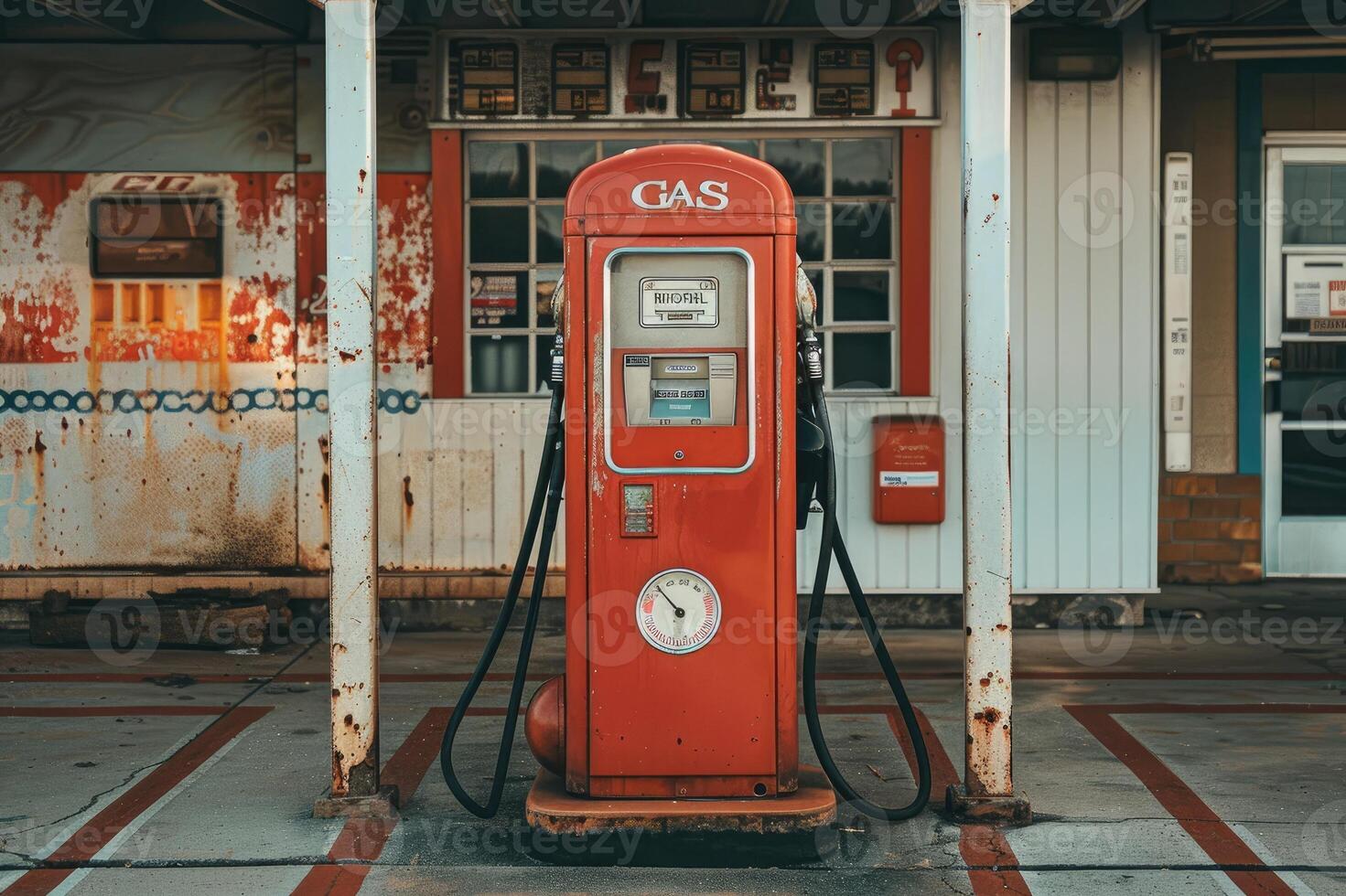 An antique red gas station pump with rust and peeling paint, showcasing a bygone era in automotive history photo