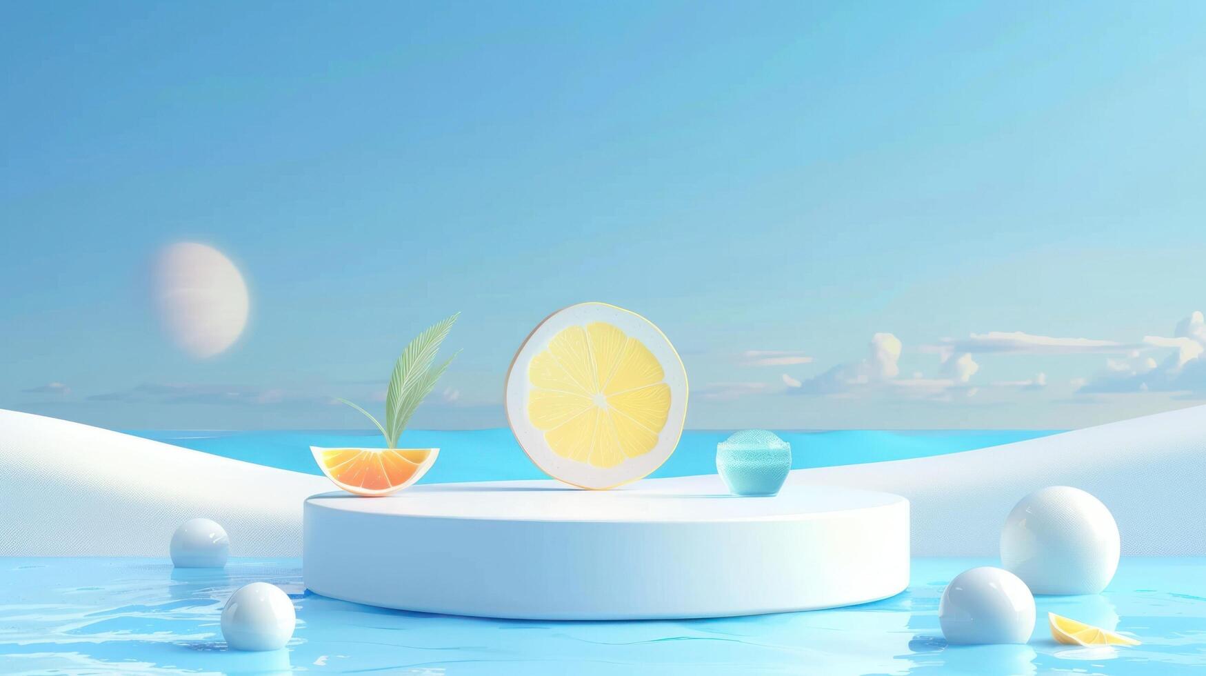 3d podium stand for product presentation with summer concept. Pedestal platform for cosmetic advertising photo