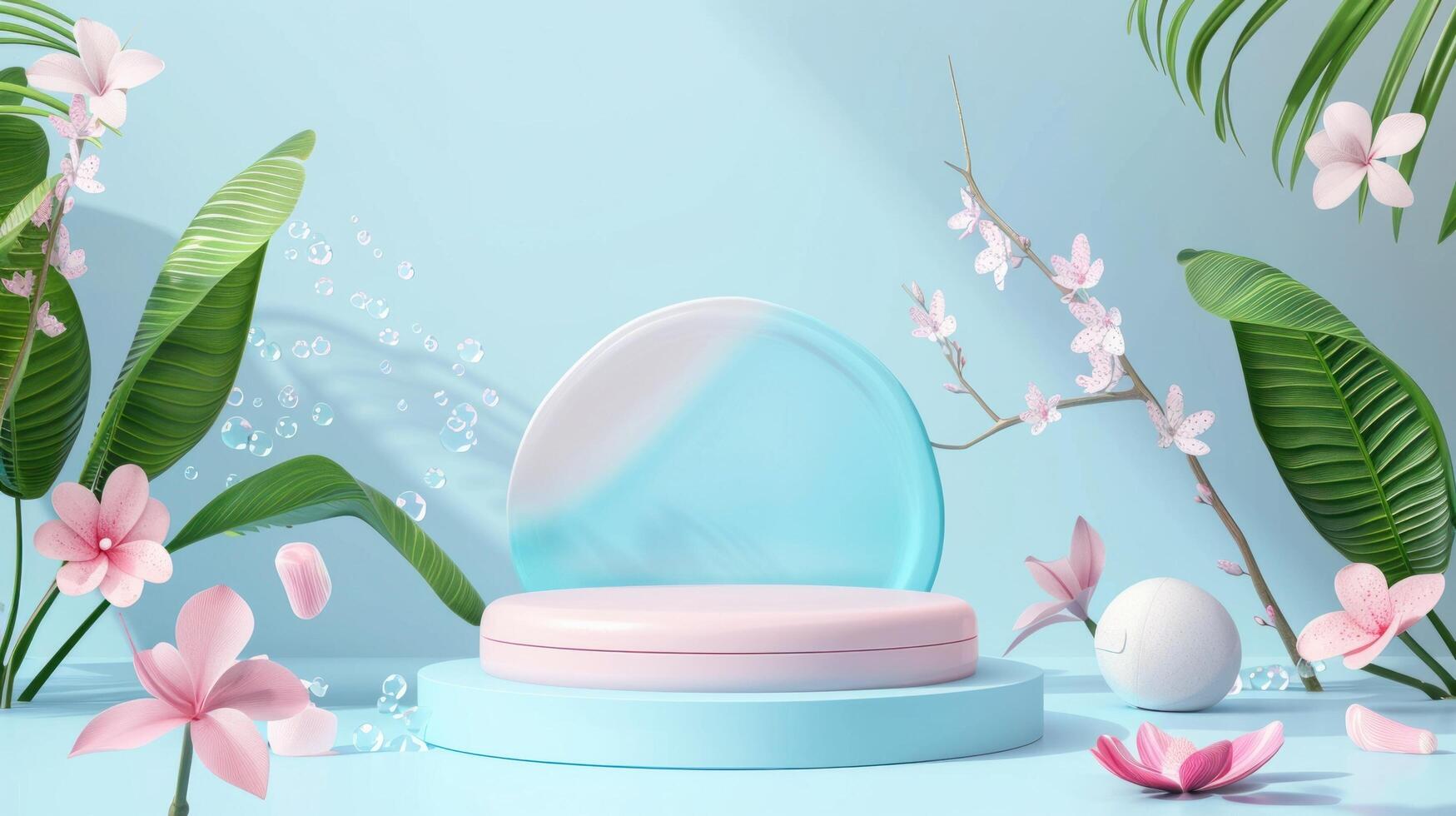 3d podium stand for product presentation with summer concept. Pedestal platform for cosmetic advertising photo