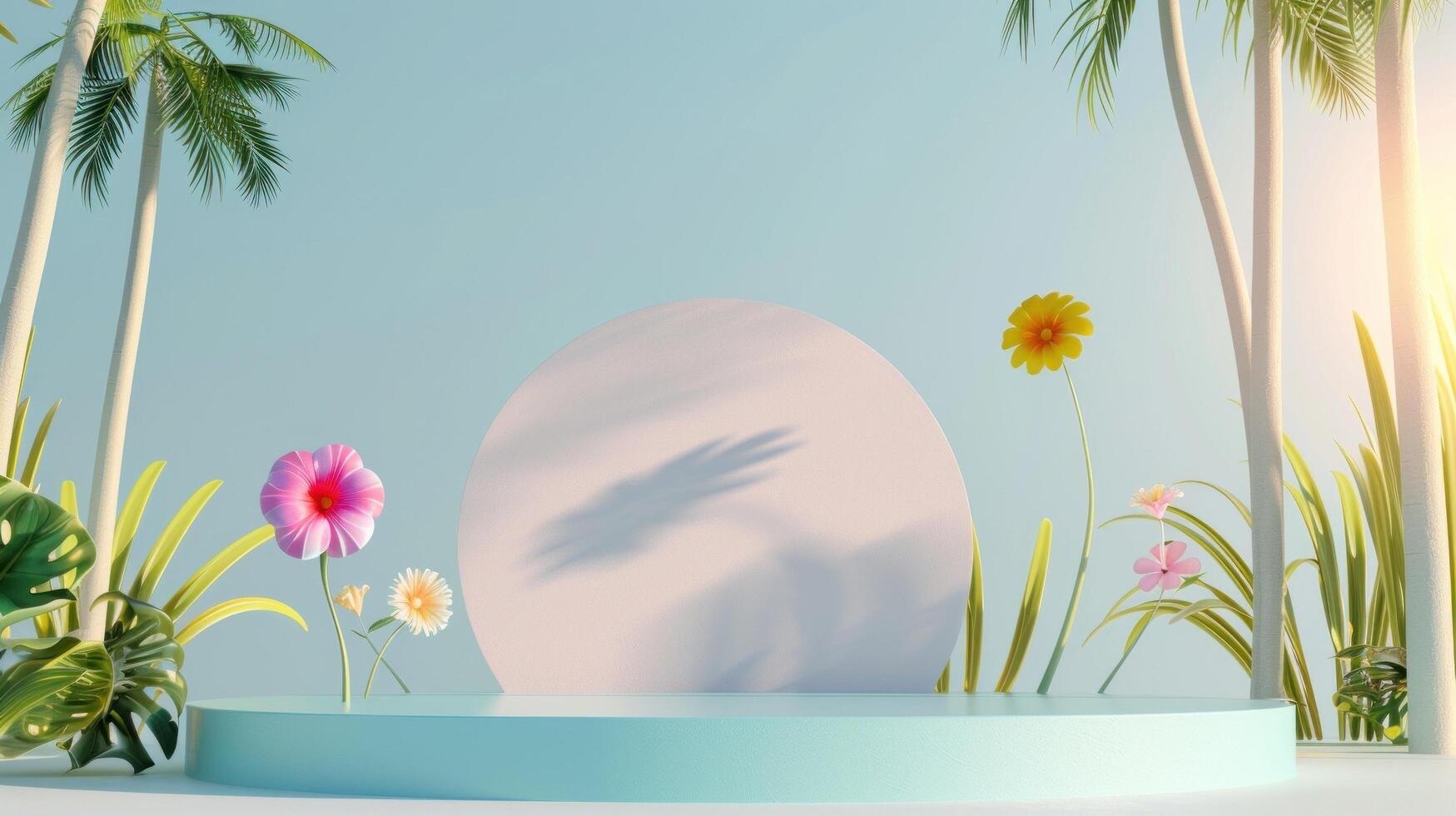 3d podium stand for product presentation with summer concept. Pedestal platform for cosmetic advertising photo