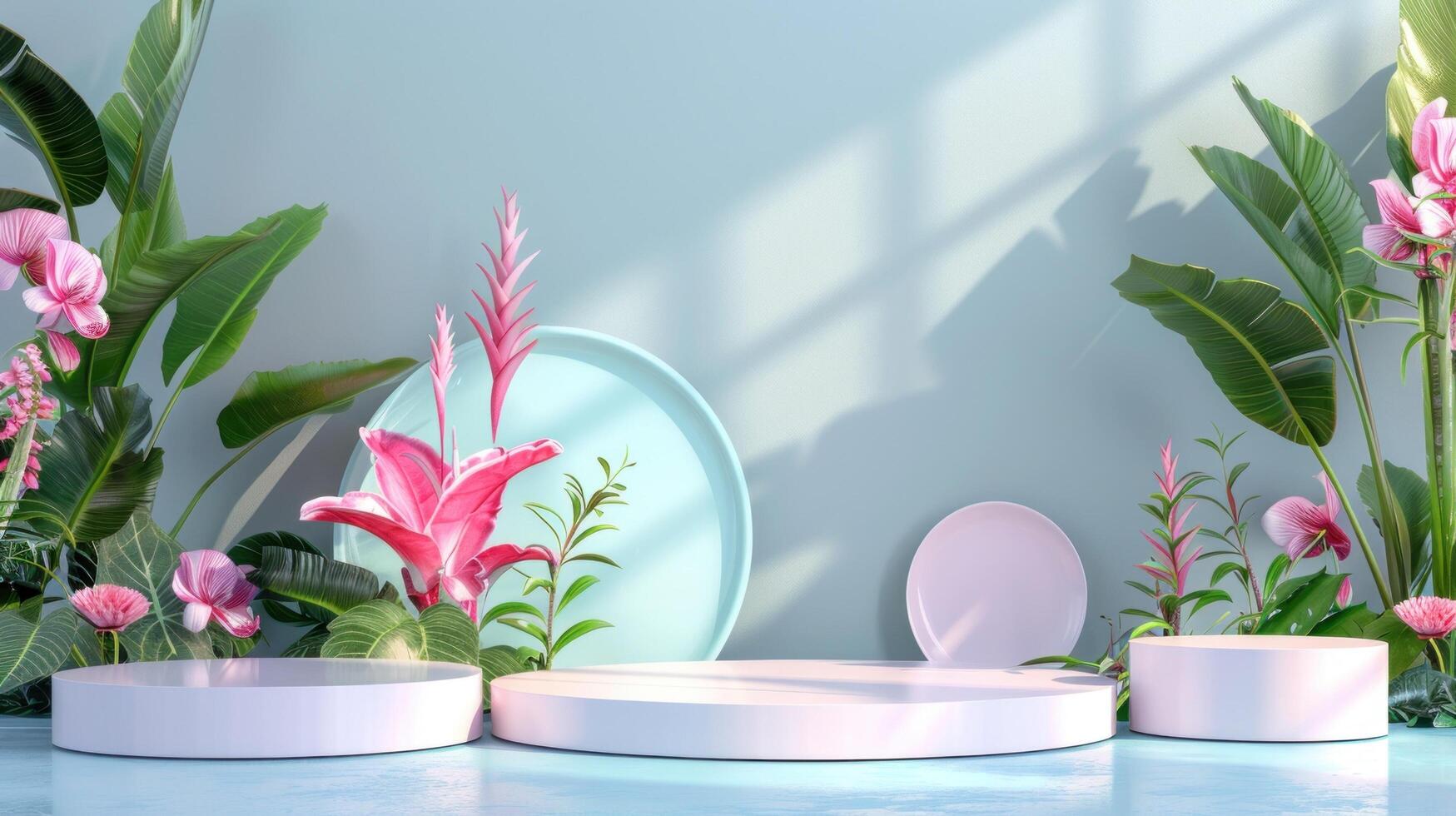 3d podium stand for product presentation with summer concept. Pedestal platform for cosmetic advertising photo