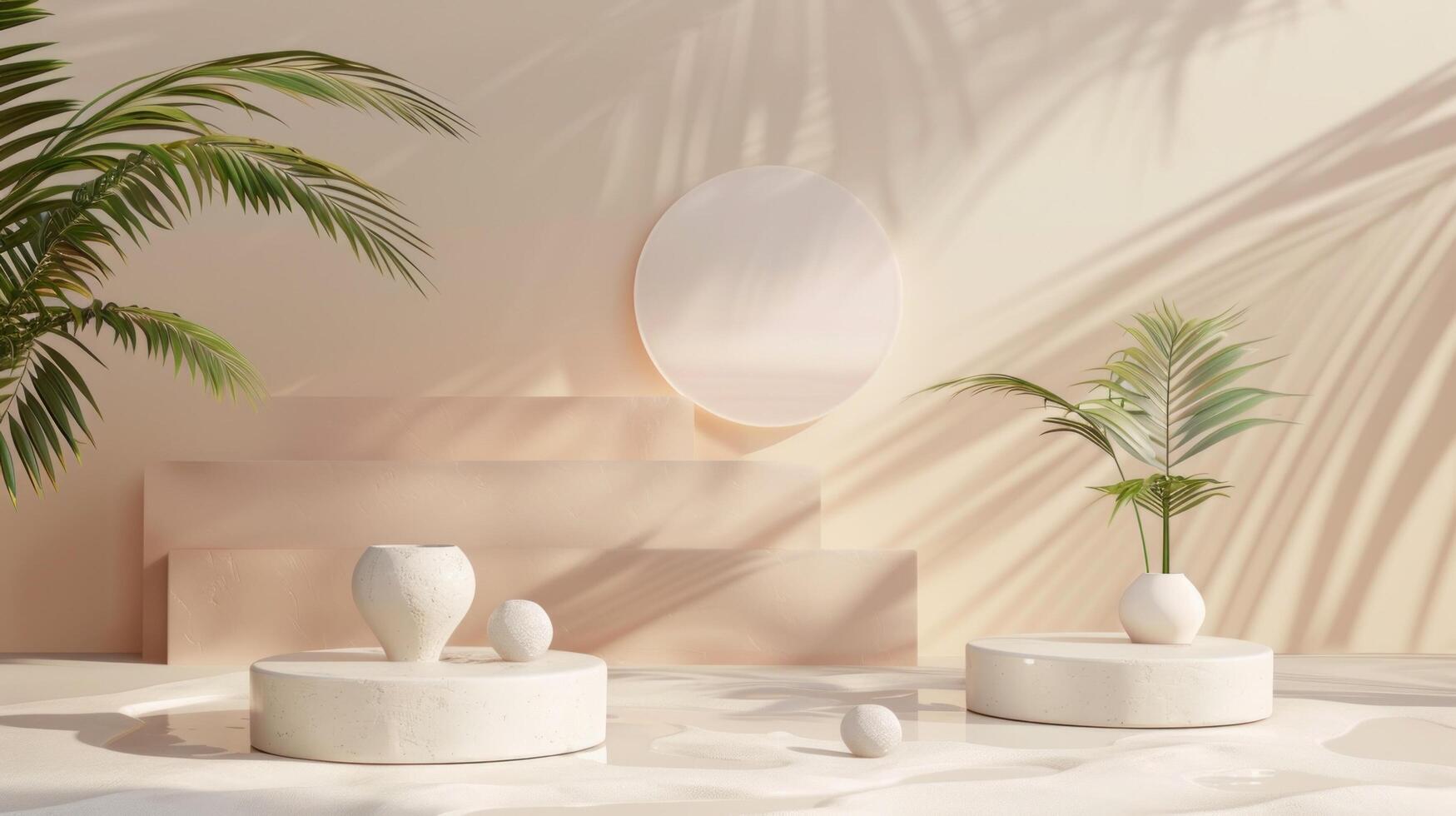 3d podium stand for product presentation with summer concept. Pedestal platform for cosmetic advertising photo